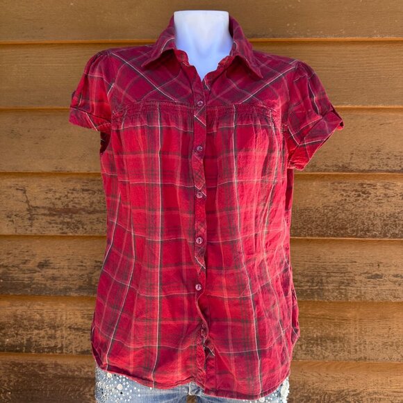 St. Johns Bay Red Plaid Short Sleeve Button-Up Womens Shirt Size L Cotton Casual - Picture 1 of 8
